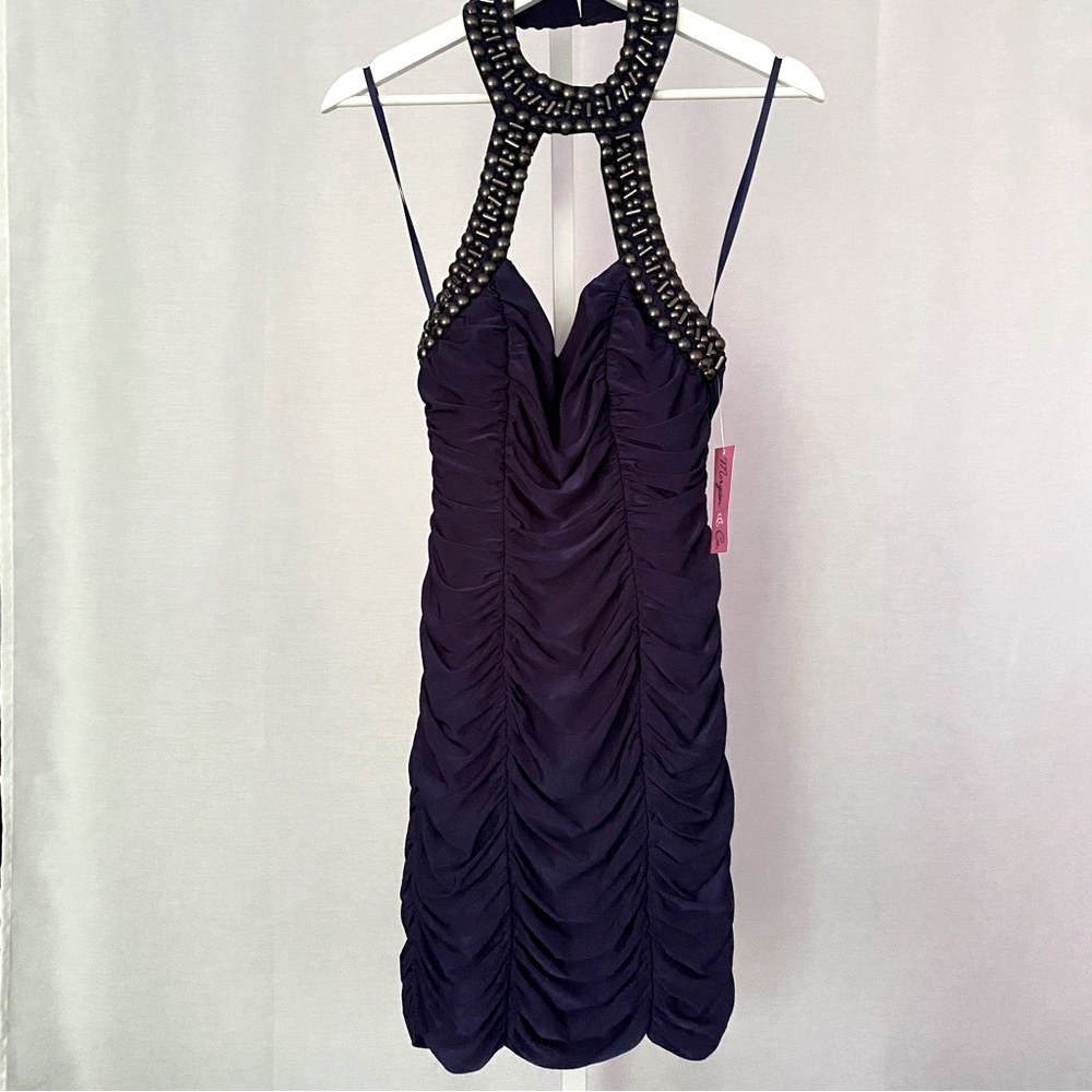 Morgan & Co Ruched Halter Style Choker Beaded Dress in Navy — 1/2